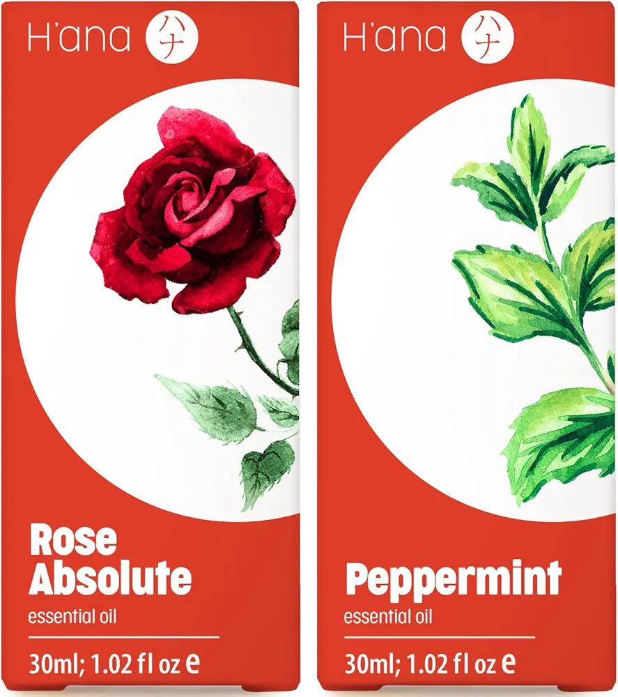 Rose Essential Oils for Skin Use & Peppermint Oil for Hair Growth Set - 100% Pure Aromatherapy Grade Essential Oils Set - 2x1 fl oz - H'ana