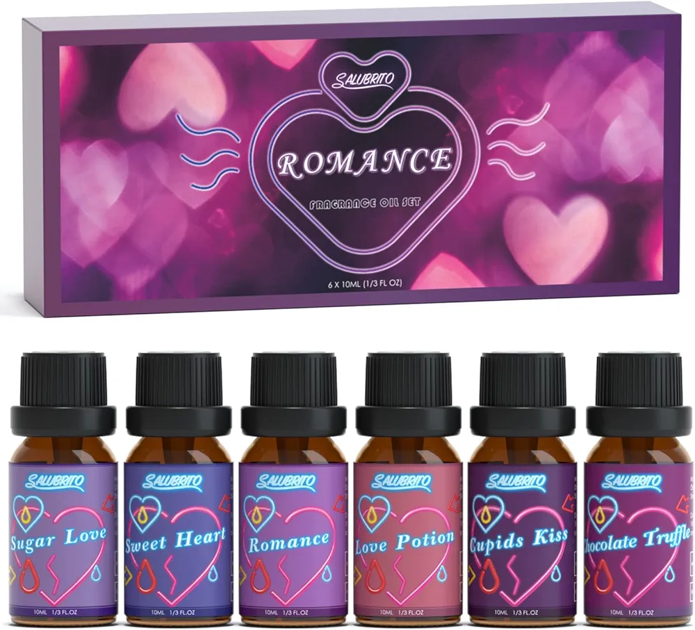 SALUBRITO Romance Essential Oils Set, Couple Gift - Love Potion, Cupid's Kiss, Sweet Heart, Sugar Love, Chocolate Truffle, Valentine's Day Fragrance Oils for Diffuser, Candle and Soap Making