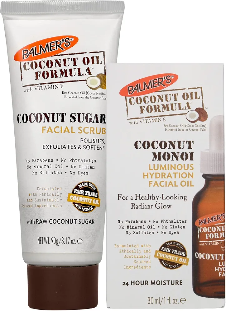 Palmer's Face Oil + Face Scrub, Coconut Oil Formula with Vitamin E Skin Care Bundle, Made with Fair Trade Coconut Oil & Monoi, Includes 1 Facial Oil (1 fl oz) and 1 Face Exfoliator (3.17 oz)