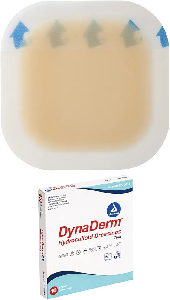 Dynarex DynaDerm Hydrocolloid Dressings, Sterile Moist Bandages Used for All Kinds of Wounds, 4" x 4", Thin & Latex-Free, Peel-Down Patches - 1 Box of 10 Dressings