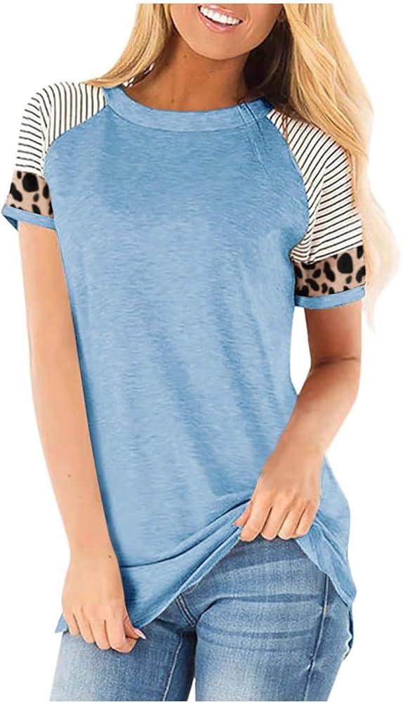 Leopard Print Tops for Women Long Sleeve Crew Neck Patchwork T Shirt Blouse