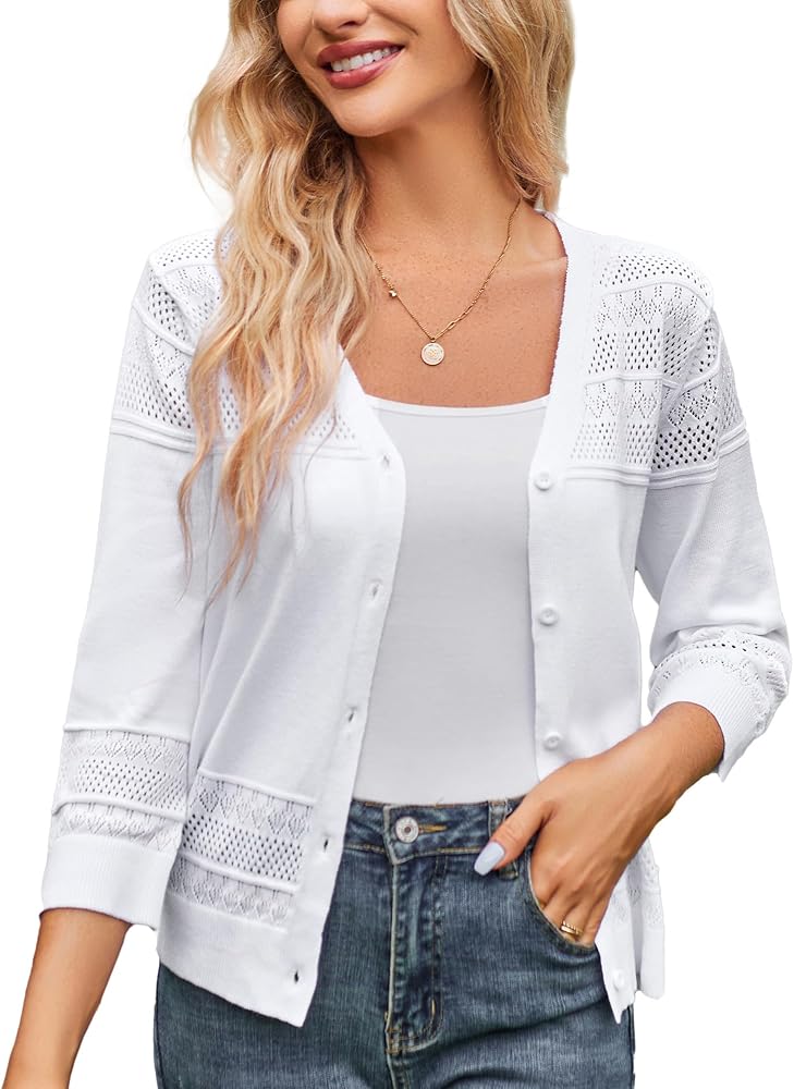 GRACE KARIN Women's 2024 Cropped Cardigan 3/4 Sleeve Lightweight Crochet Shrug Hollowed-Out Knit Sweater Tops