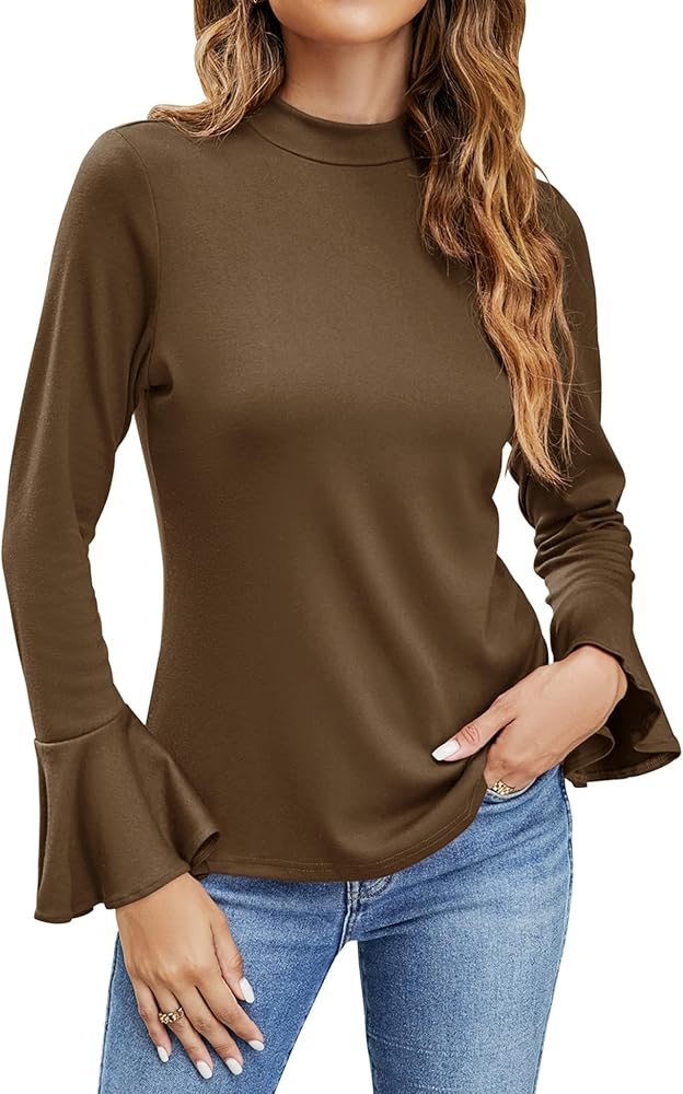 Micoson Womens Mock Neck Long Sleeve Shirts Bell Sleeve Turtle Neck Tops Casual Solid Color Basic T Shirt Blouse