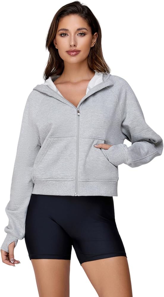 Cropped Zip Up Hoodie Thumb Hole Women White Black Grey Cotton Fleece Full Zipper Short Crop Sweatshirt Jacket