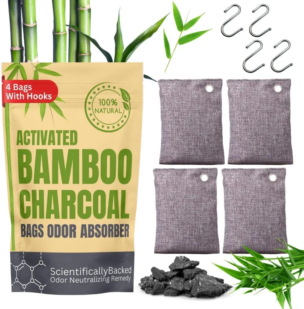 Bamboo Charcoal Air Purifying Bags (4 Pack, 200g Each) Activated Charcoal Odor Absorber For Home, Pet, Closet, Shoe, Car, Musty Odor Eliminator Deodorizer