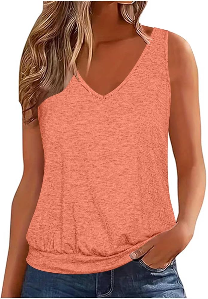 Womens Summer Tops Dressy Casual Banded Bottom Tank Tops Loose Fit V Neck Sleeveless Solid Basic Tee Shirts Blouses