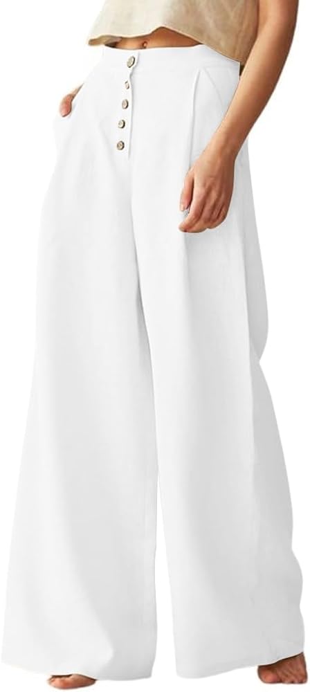 chouyatou Women's Summer High Waisted Cotton Linen Palazzo Wide Leg Casual Pants with Pockets