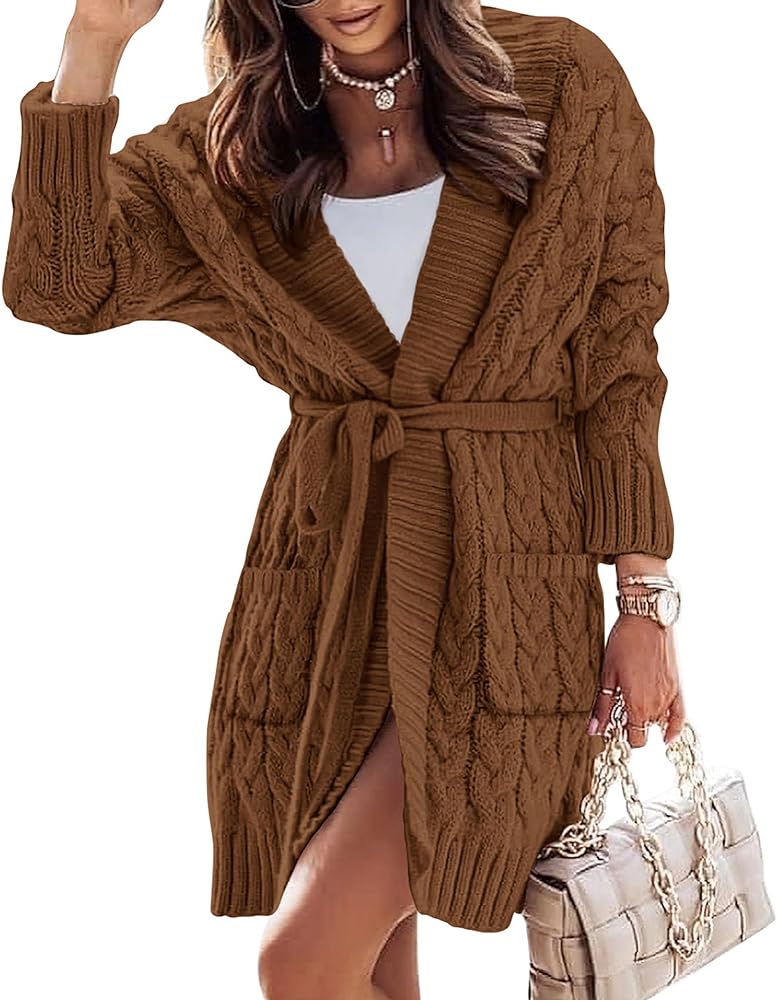 KIRUNDO Women's Cardigans 2024 Fall Winter Long Sleeve Open Front Oversized Cable Knit Chunky Sweater Coat with Belt