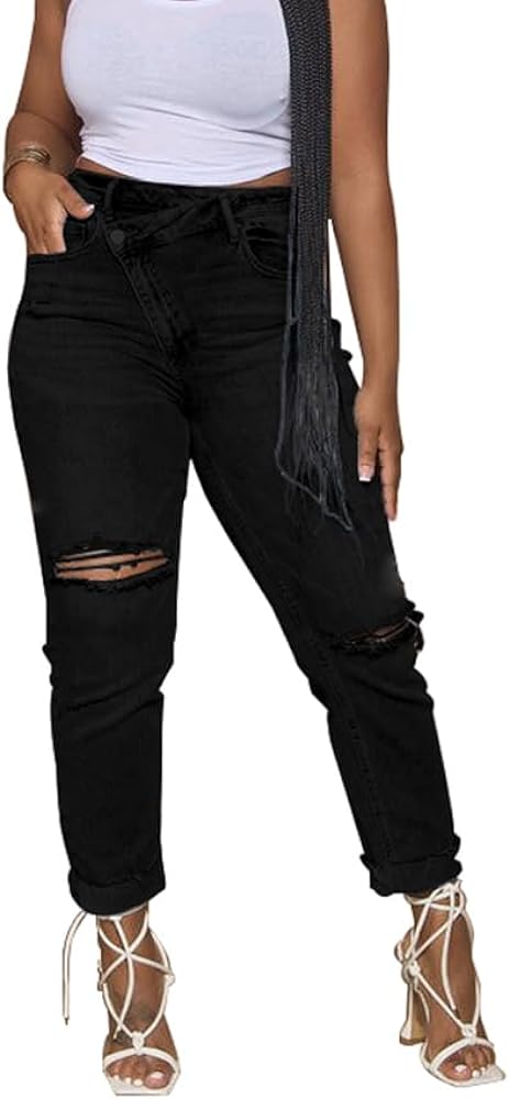 HTD Women's Boyfriend Jeans Ripped Skinny Jeans Distressed Stretchy Denim Pants