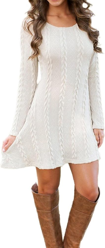 Mansy Sweater Dress for Women Cable Knit Ribbed A-Line Short Fitted Pullover Sweaters Dresses Fall Winter