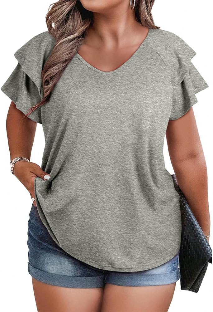 Eytino Women Plus Size V Neck Tops Solid Ruffle Short Sleeve Tunic Tops Casual Loose Flowy Shirts (1X-5X)