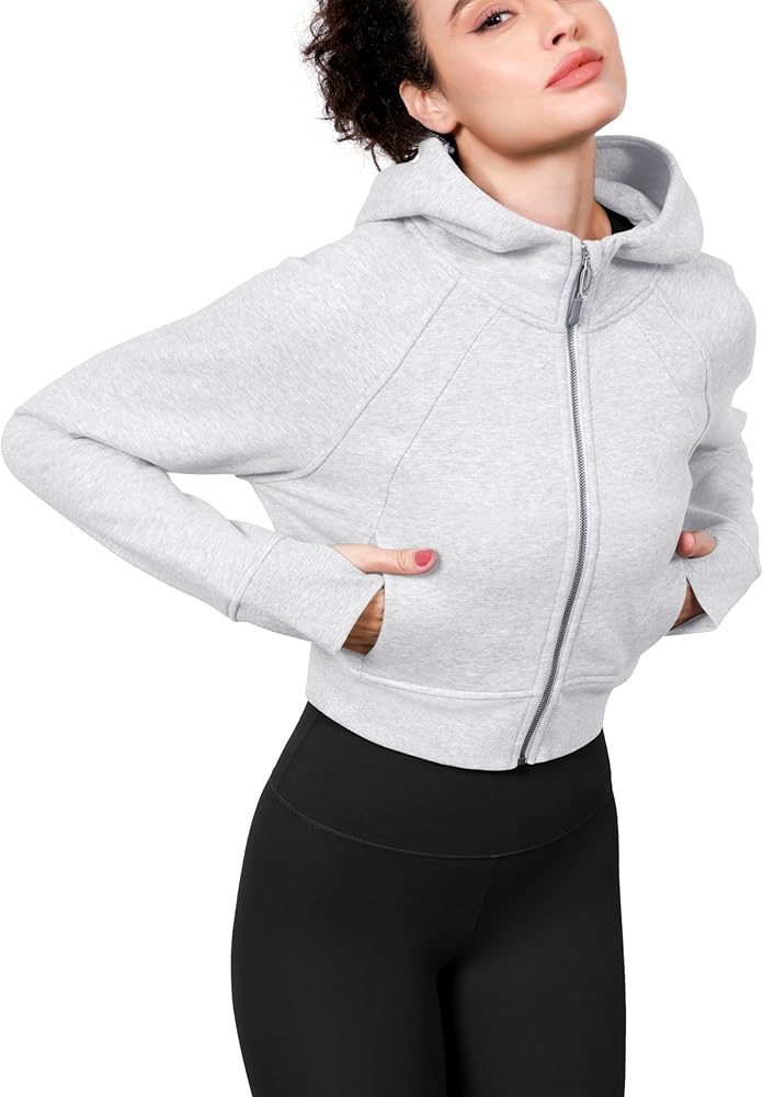 ODODOS Full-Zip Cropped Hoodies for Women Fleece Lined Long Sleeve Crop Sweatshirts with Thumb Hole