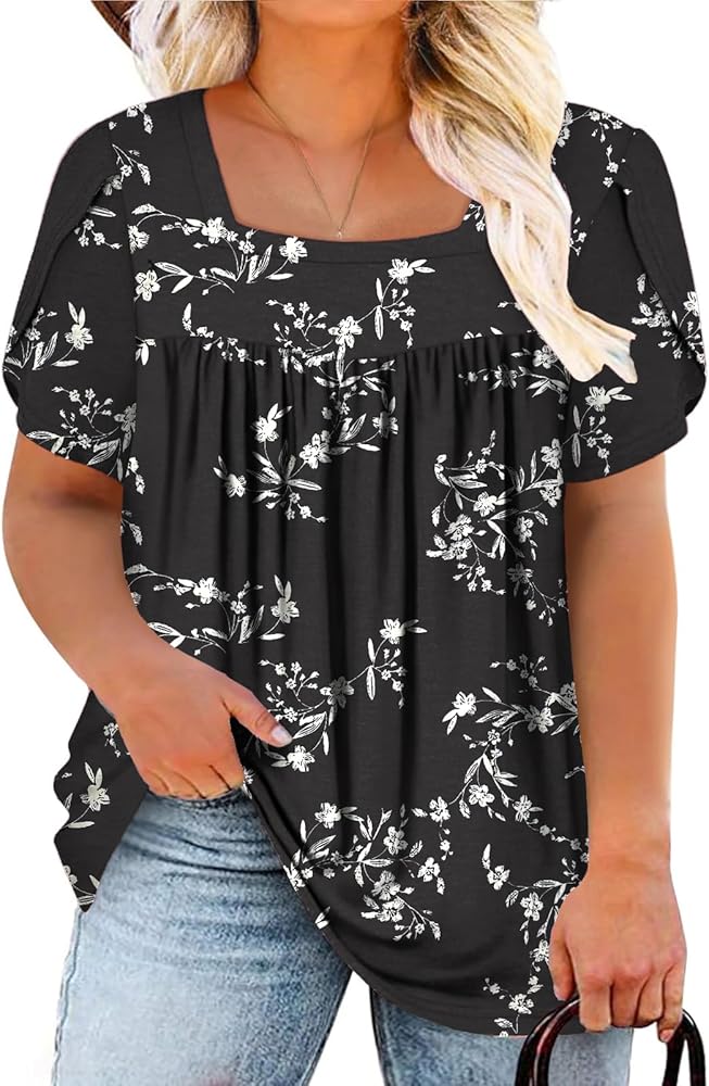 VISLILY Womens-Plus-Size-Summer-Tops Petal Short Sleeve T Shirts Square Neck Blouses Flowy Pleated Tunics XL-5XL