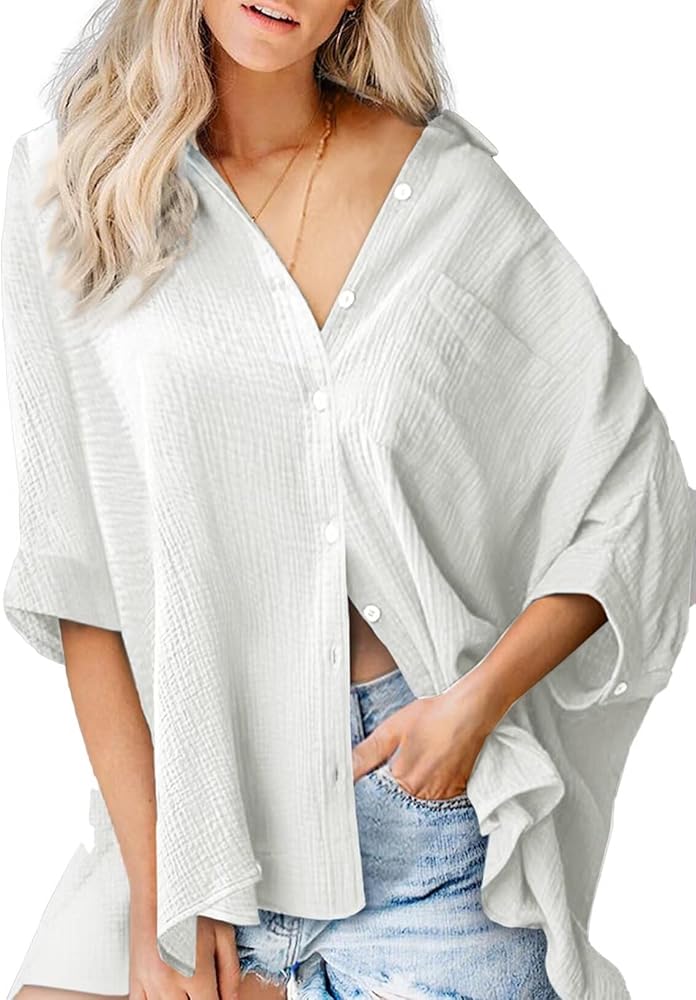 Astylish Women 2024 Oversized Button Down Shirt 3/4 Sleeve Blouse V-Neck Textured Tops