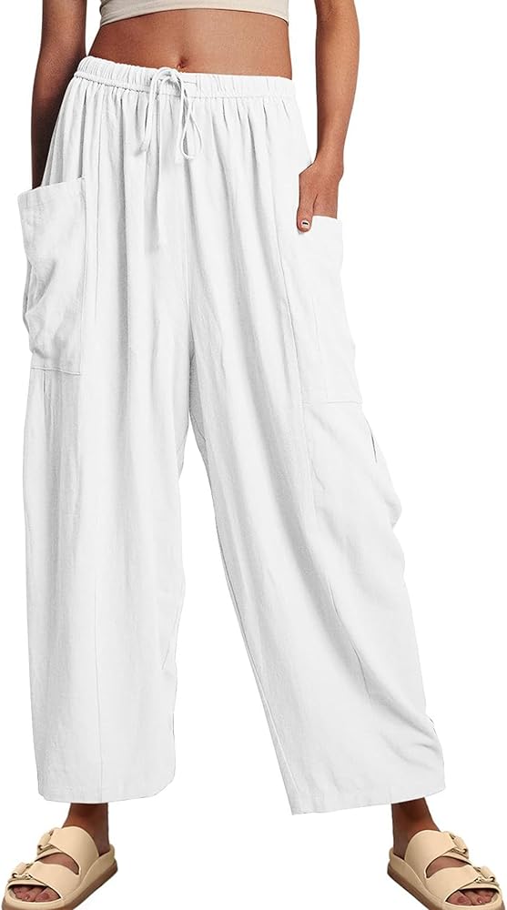 Womens Wide Leg Elastic Waist Beach Pants Summer Casual Baggy Palazzo Harem Pants Trousers with Pockets