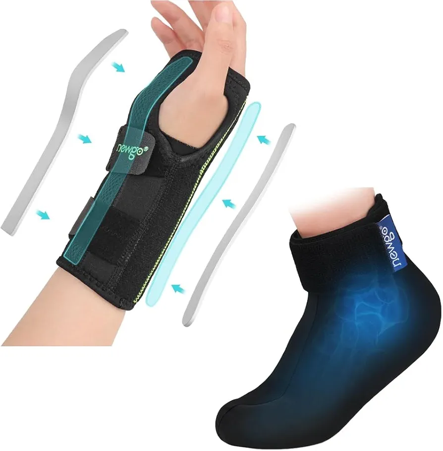 NEWGO Carpal Tunnel Wrist Brace Right Hand with Metal Splint Stabilizer for Sprained Wrist and Cold Therapy Ice Sock for Foot Pain Relief, Foot Ice Pack Cold Sock for Neuropathy