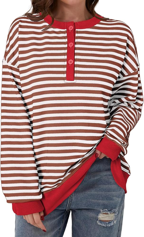 Dokotoo Womens Casual Crewneck Color Block Striped Oversized Sweatshirt Long Sleeve Shirts Tunic Tops