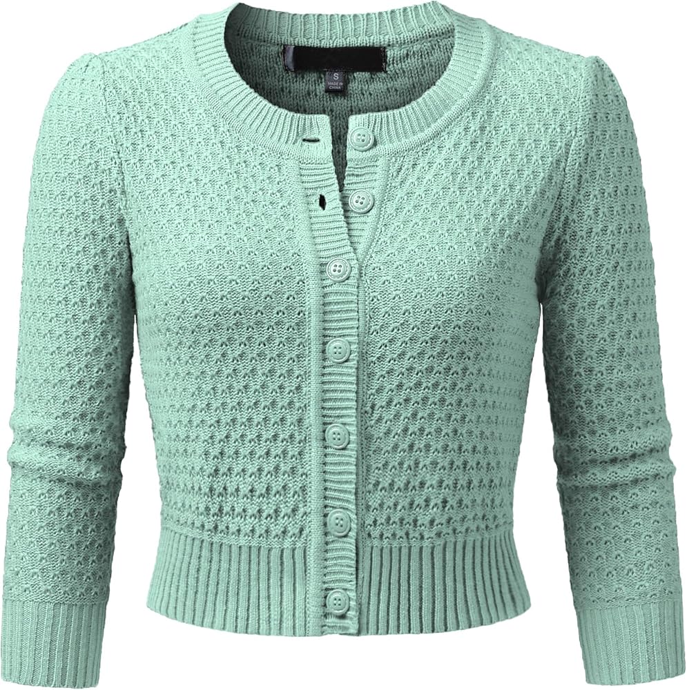 Women's 3/4 Sleeve Crew Neck Button Down Cotton Knit Cropped Cardigan Sweater (S-3XL)