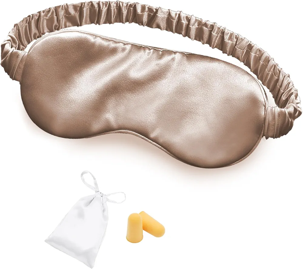 Silk Sleep Mask Eye Mask Blindfold with Double Layer Silk Filling and Elastic Strap for Full Night's Sleep, Travel and Nap, Soft Eye Cover Eyeshade with Luxury Bag and Ear Plugs by OLESILK (Camel)