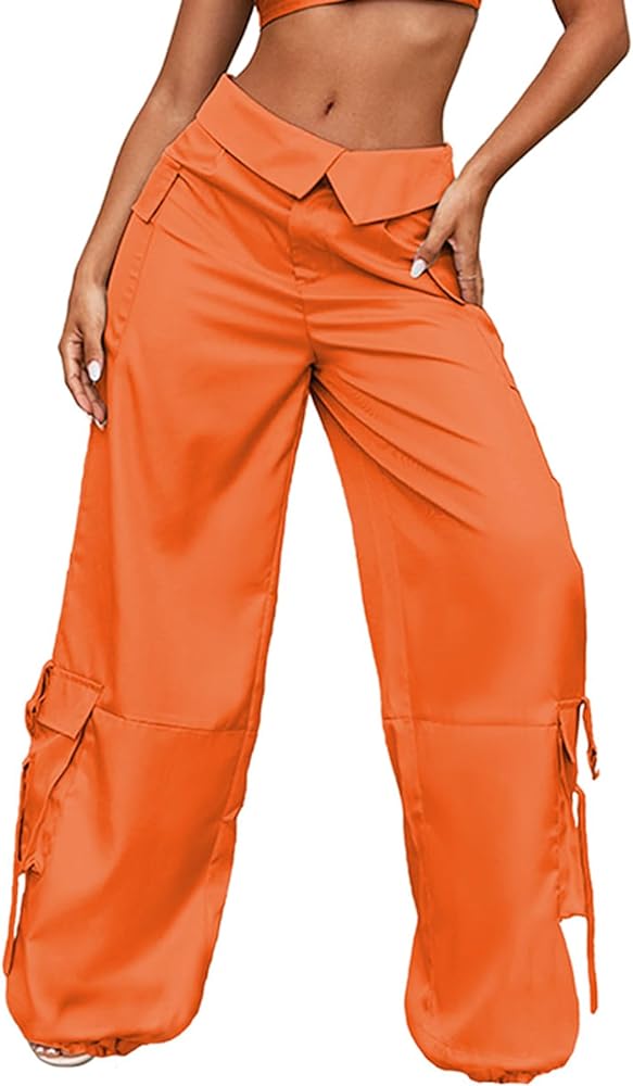 RAISECOM Cargo Pants for Women Lapel Waist Parachute Pants Casual Straight Pants with Flap Pockets