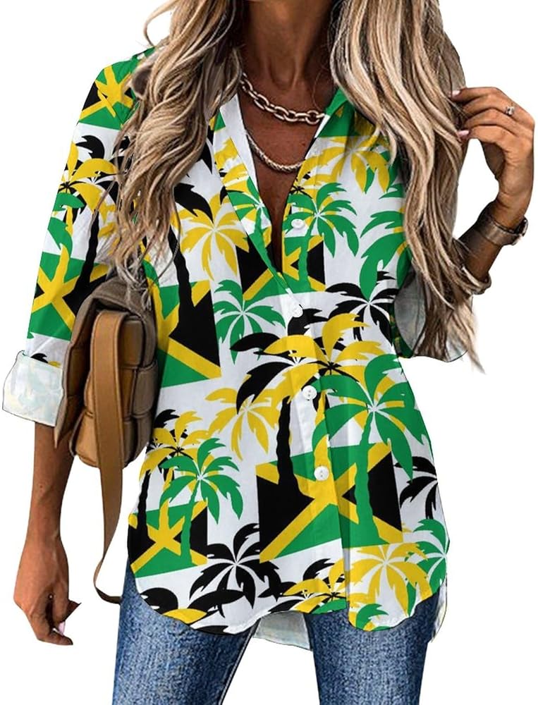 Palm Trees in Jamaica Colors Classic Shirts for Women Long Sleeve Blouse Casual V Neck Tee Tops Work Office