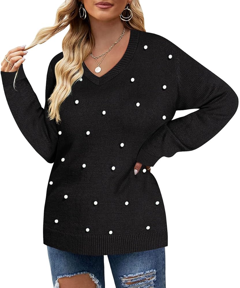 TIYOMI Plus Size Sweater Tops for Women Knit Lantern Sleeve Sweaters with Pearls (XL-5XL)