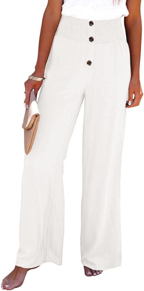 utcoco Womens Casual Cotton Linen High Waist Button Wide Leg Palazzo Pants