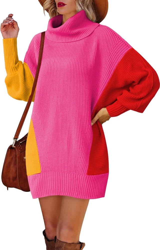 Pink Queen Women's Turtleneck Batwing Long Sleeve Ribbed Loose Oversized Short Pullover Sweater Dress