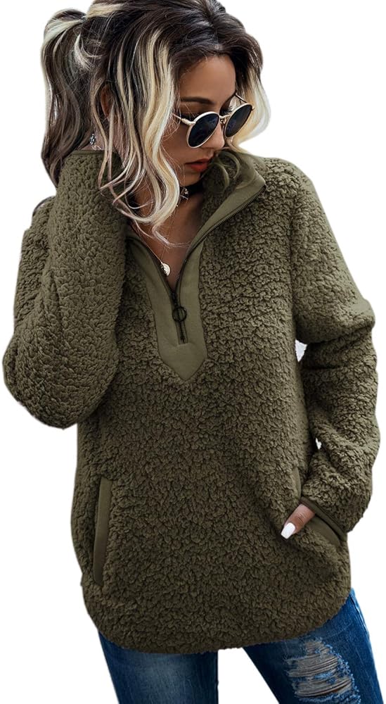 AQOTHES Womens Loose Casual Zipper Sherpa Fleece Pockets Pullover Sweatshirt for Women