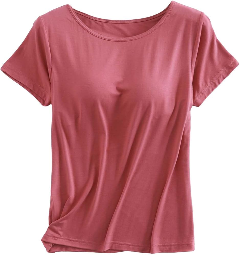 T Shirts for Womens Built in Shelf Bra Tee Tops Solid Color Basic Blouses Short Sleeves Crew Neck Tee Tunic