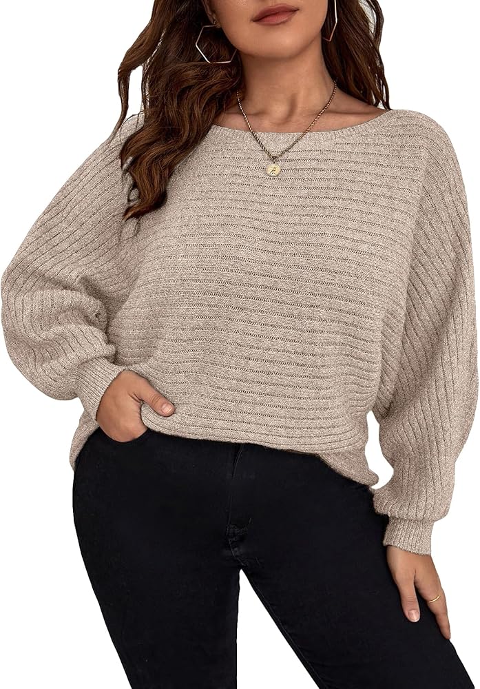 SOLY HUX Women's Plus Size Sweater Boat Neck Long Sleeve Oversized Pullover Tops