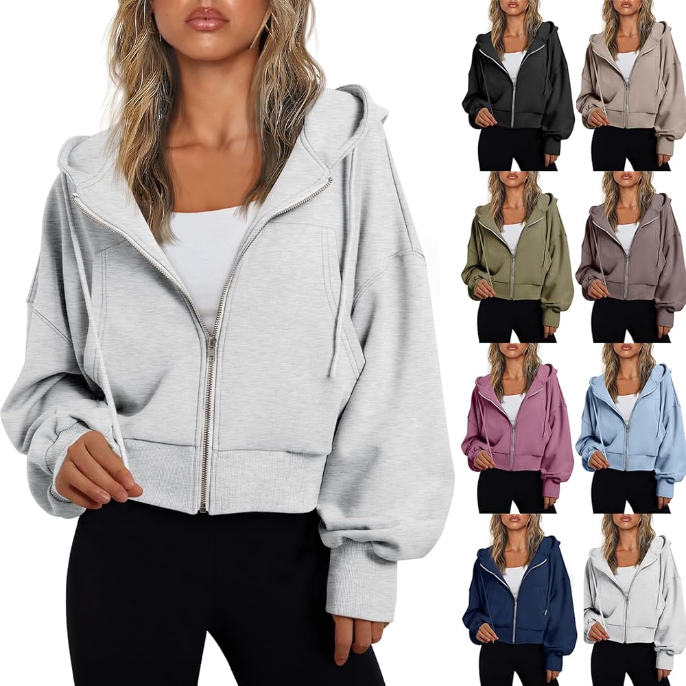 Womens Zip Up Hoodies Casual Drawstring Cropped Sweatshirt Fall Jackets with Pockets Long Sleeve Fleece Winter Coat