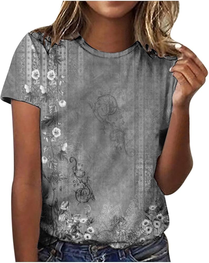 Women's Blouse Round Neck Tshirt Short Sleeve Tops Print Tunic Spring Daily Tops Dressy 2024 Tee