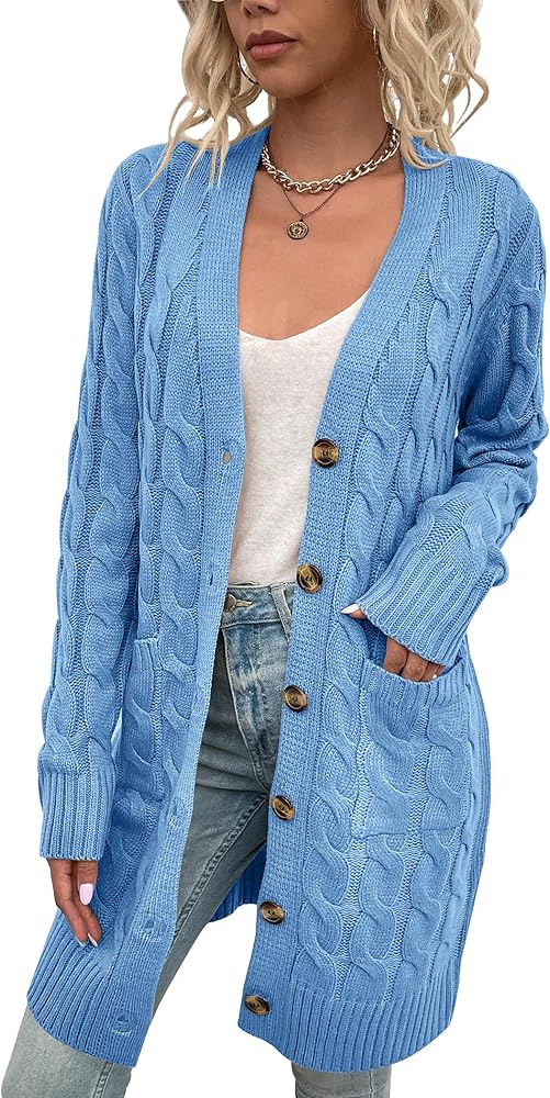 Womens Cardigan Long Sleeve Cable Knit Sweater Open Front Loose Outwear with Pocket