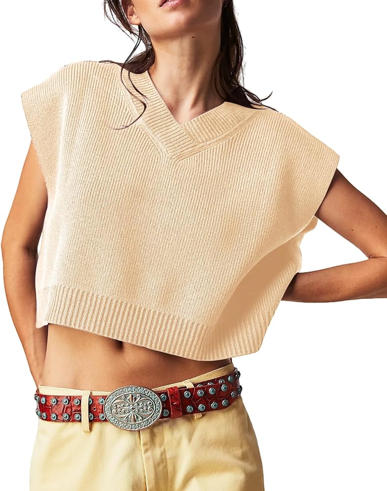 Carpetcom Sweater Vest Women Ribbed Knitted V Neck Oversized Sweaters Sleeveless Crop Tank Tops