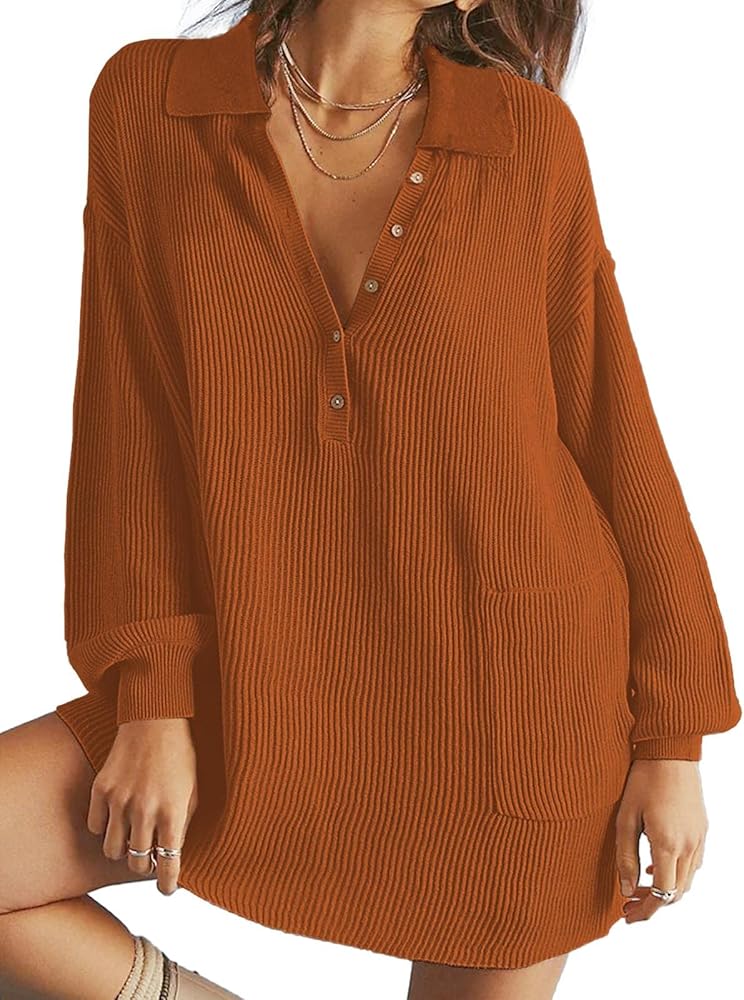 DEEP SELF Women's V Neck Oversized Mini Sweater Dress Long Lantern Sleeve Knit Ribbed Button Casual Fall Dresses with Pockets