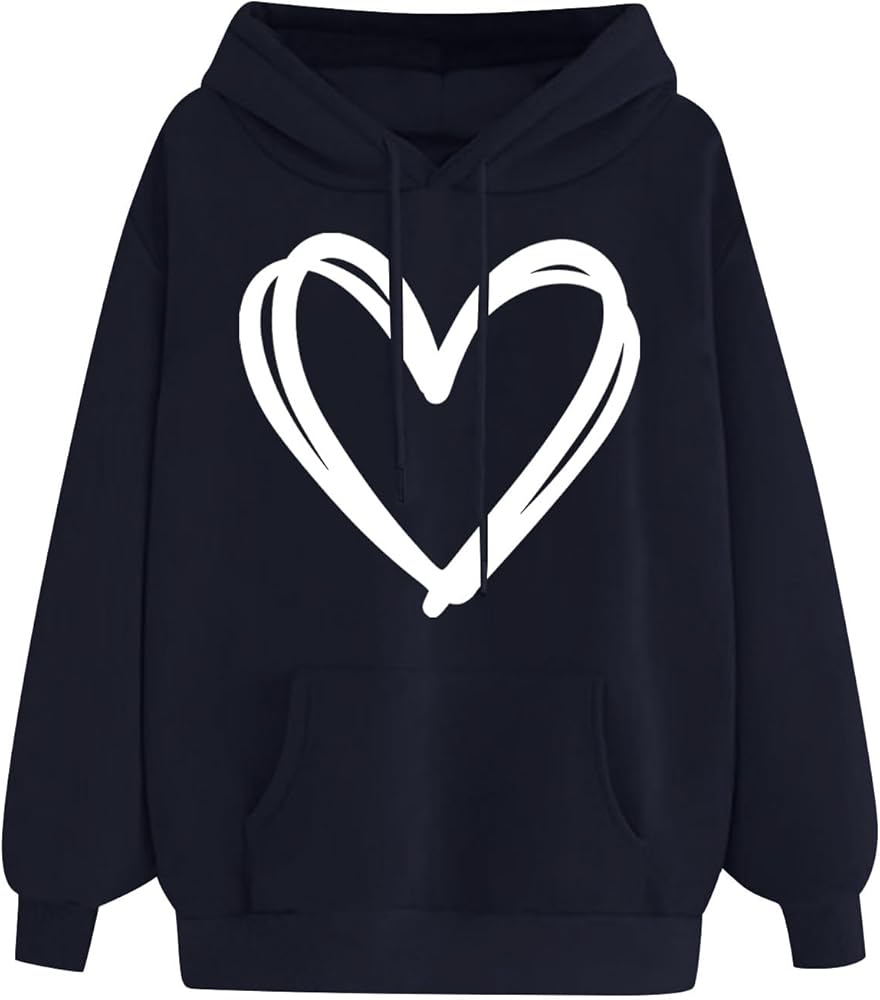 ZDRZK Women's Sweatshirts Fleece Funny Heart Print Long Sleeve Hoodie With Pocket Loose Casual Fall Fashion Outfits