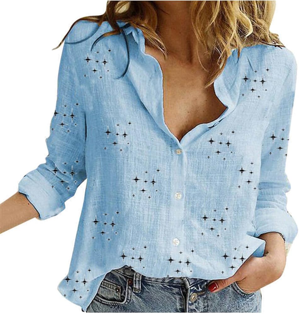 Summer Tops for Women 2023 Casual Long Sleeve Linen Button Down Shirts Plus Size Collared Business Casual Work Blouses