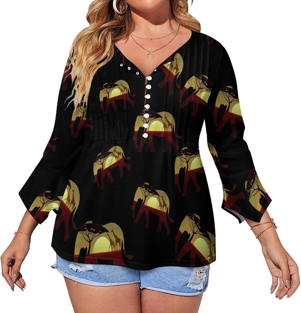 African Wild Giraffe Elephant Cute Womens T-Shirts 3/4 Sleeve Button Down Tee Tops Blouse Summer Beach