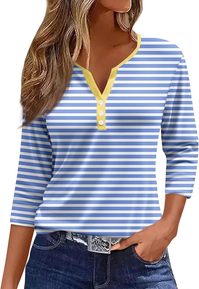 Women's Tops Button 3/4 Sleeve Tshirt V Neck Tops Trendy Tees Printed Shirts Tunics Cute Clothes