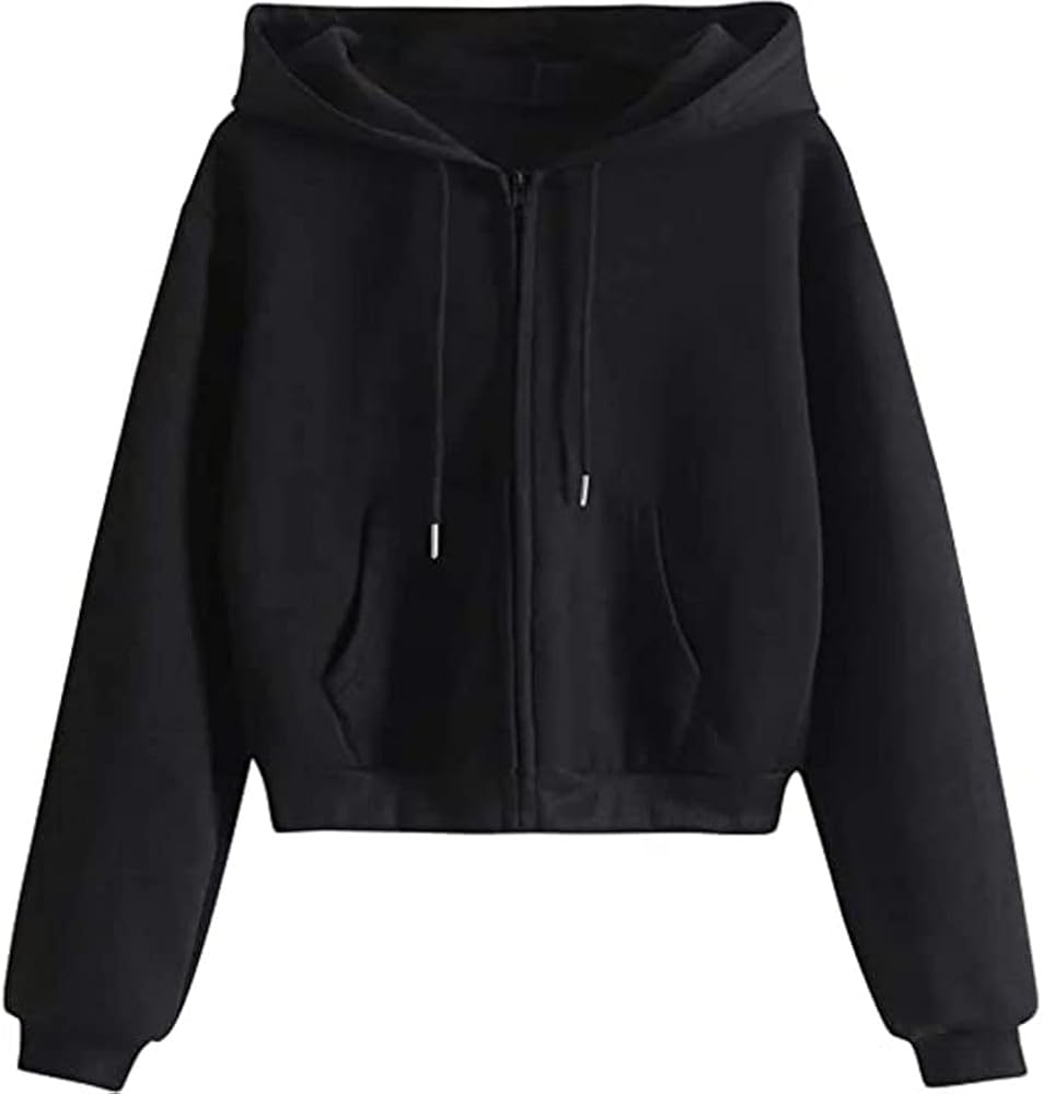 LOFAAC Women Cute Full Zip Cropped Hoodie Sweatshirt Casual Fleece Long Sleeve Drawstring Hooded Crop Jacket Pullover