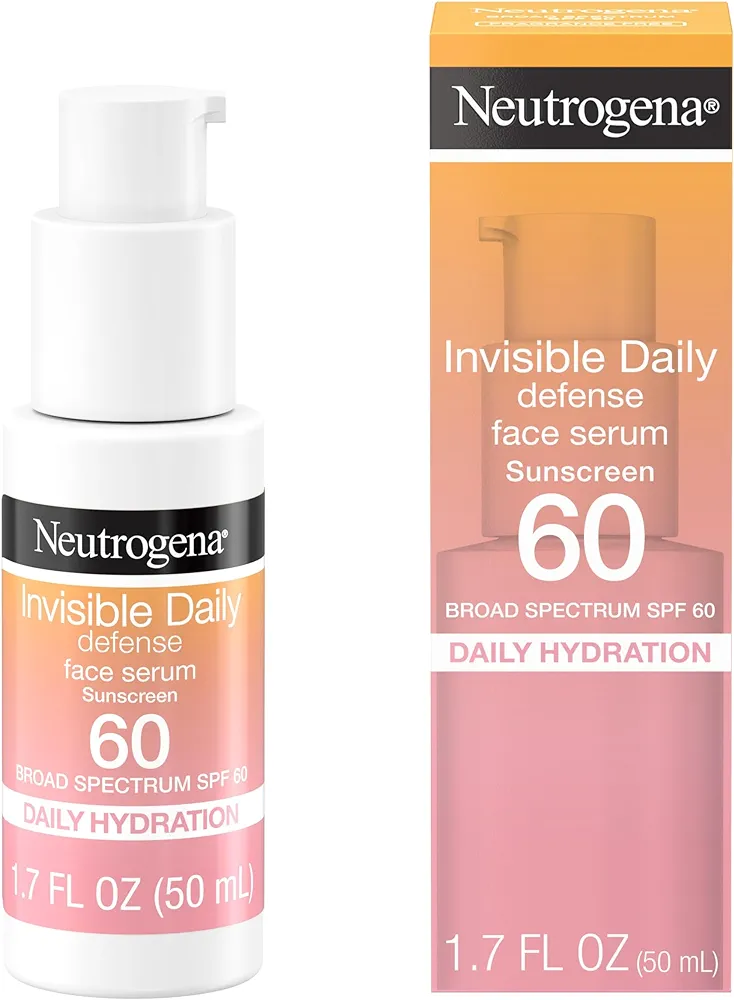 Neutrogena Invisible Daily Defense Face Sunscreen + Hydrating Serum with Broad Spectrum SPF 60 & Antioxidants to Help Skin Glow, Oil-Free, Fragrance Free, 1.7 fl. oz