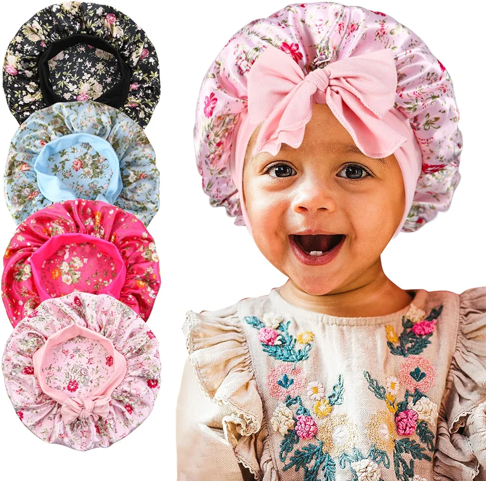 4Pcs Kids Satin Bonnets, Silk Hair Bonnet for Sleeping, Soft Wide Elastic Band Sleeping Cap for Curly Natural Hair, Kids Bonnets for Girls Boys Toddler Shower Cap