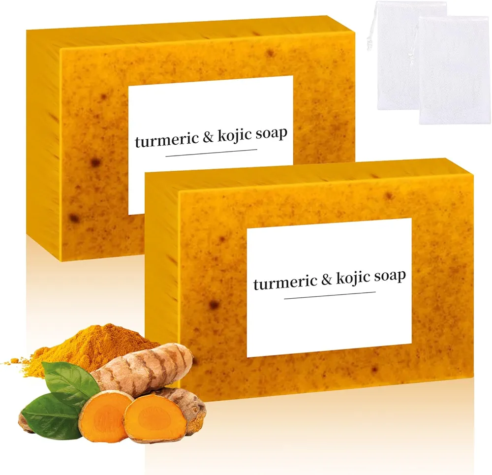 Lemon Turmeric Kojic Soap, Turmeric Soap Bar for Face ＆ Body，Natural Turmeric Handmade Soap for All Skin Types（2pcs