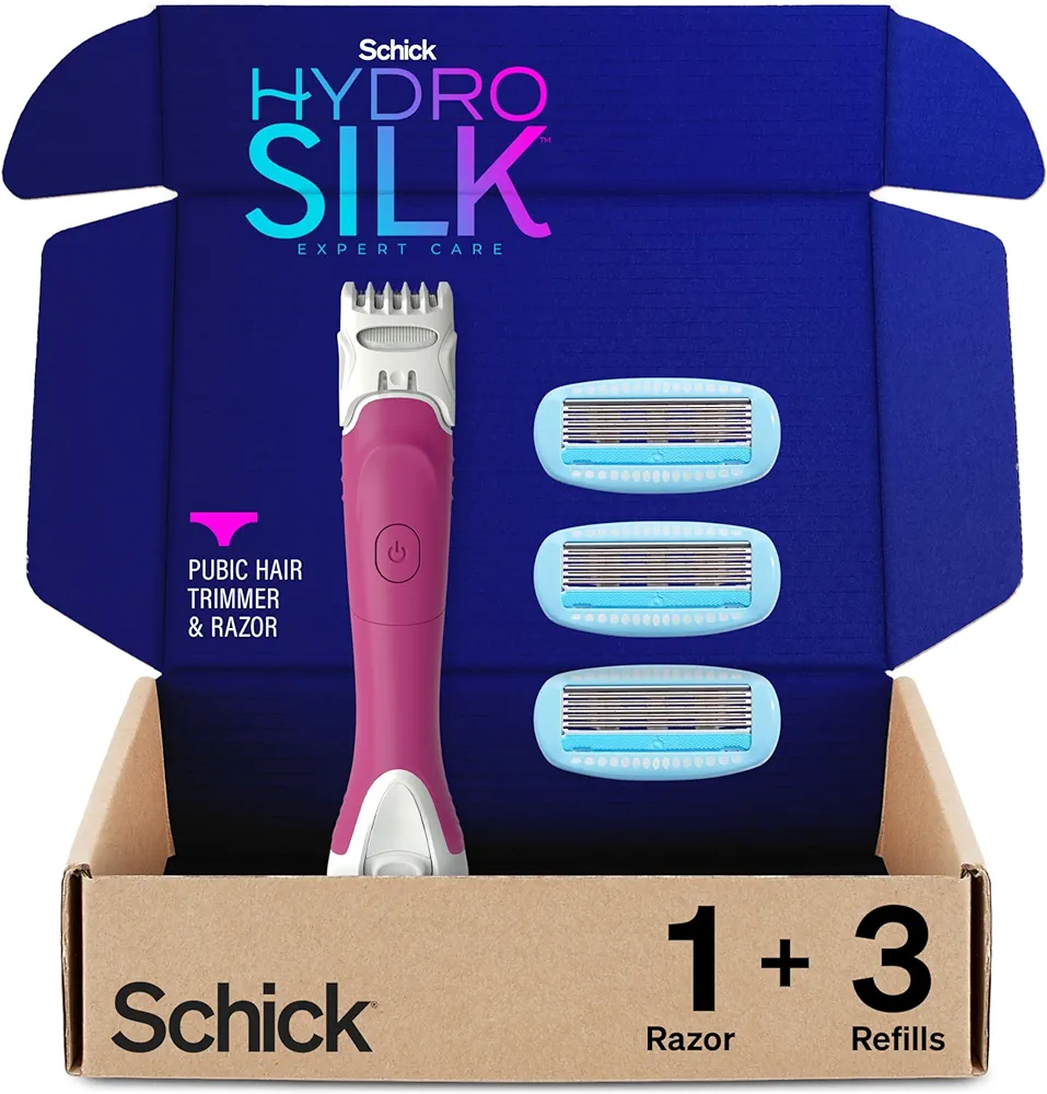 Schick Hydro Silk TrimStyle Razor for Women with Bikini Trimmer | 5-Blade Womens Razor with Trimmer, 2-in-1 Waterproof Pubic Hair Trimmer & Razor | 1 Handle & 3 Razor Blade Refills