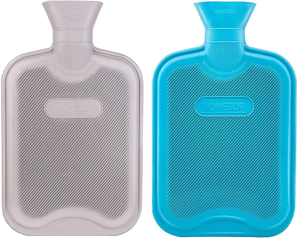 HomeTop Classic 2 Liters Rubber Hot Water Bottle, Great for Pain Relief, Hot and Cold Therapy, Gray and Blue (2 Pack)