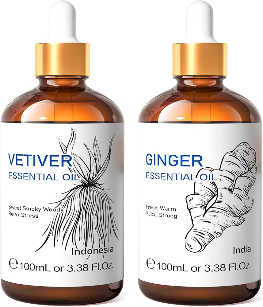 HIQILI Vetiver Essential Oil and Ginger Essential Oil, 100% Pure Natural for Diffuser - 3.38 Fl Oz