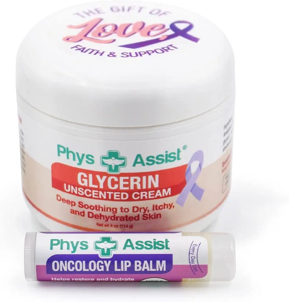 PhysAssist Oncology Glycerin Unscented Cream Deep Soothing Moisturizer to Dry, Itchy, and Dehydrated Skin. Made specially for those with Fragrance Intolerance after Radio and Chemo PLUS Peppermint Lip Balm