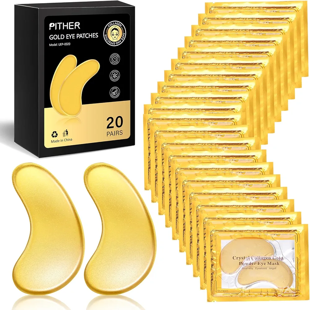 PITHER Under Eye Patches, Gold Eye Patches for Puffy Eyes and Dark Circles 24k Gold Under Eye Mask for Wrinkles Eye Bags for Women and Men Collagen Skincare Treatment (20pcs)