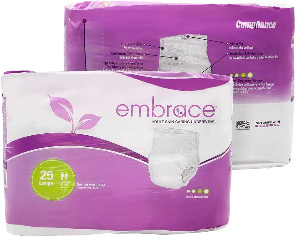 Embrace Premium Protection Incontinence Underwear, Maximum Absorbency and Protection, Breathable Cloth for Exceptional Comfort, Odor Protection, Discreet Fit, Large, Pack of 25